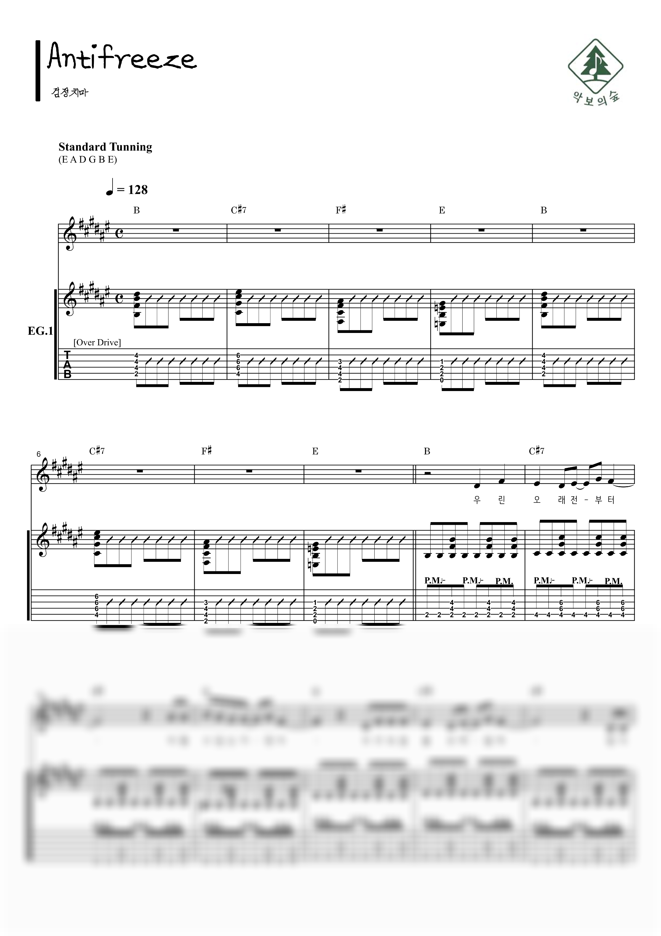 검정치마 Antifreeze 기타 악보 샘플 미리보기 - 디지털 PDF 다운로드